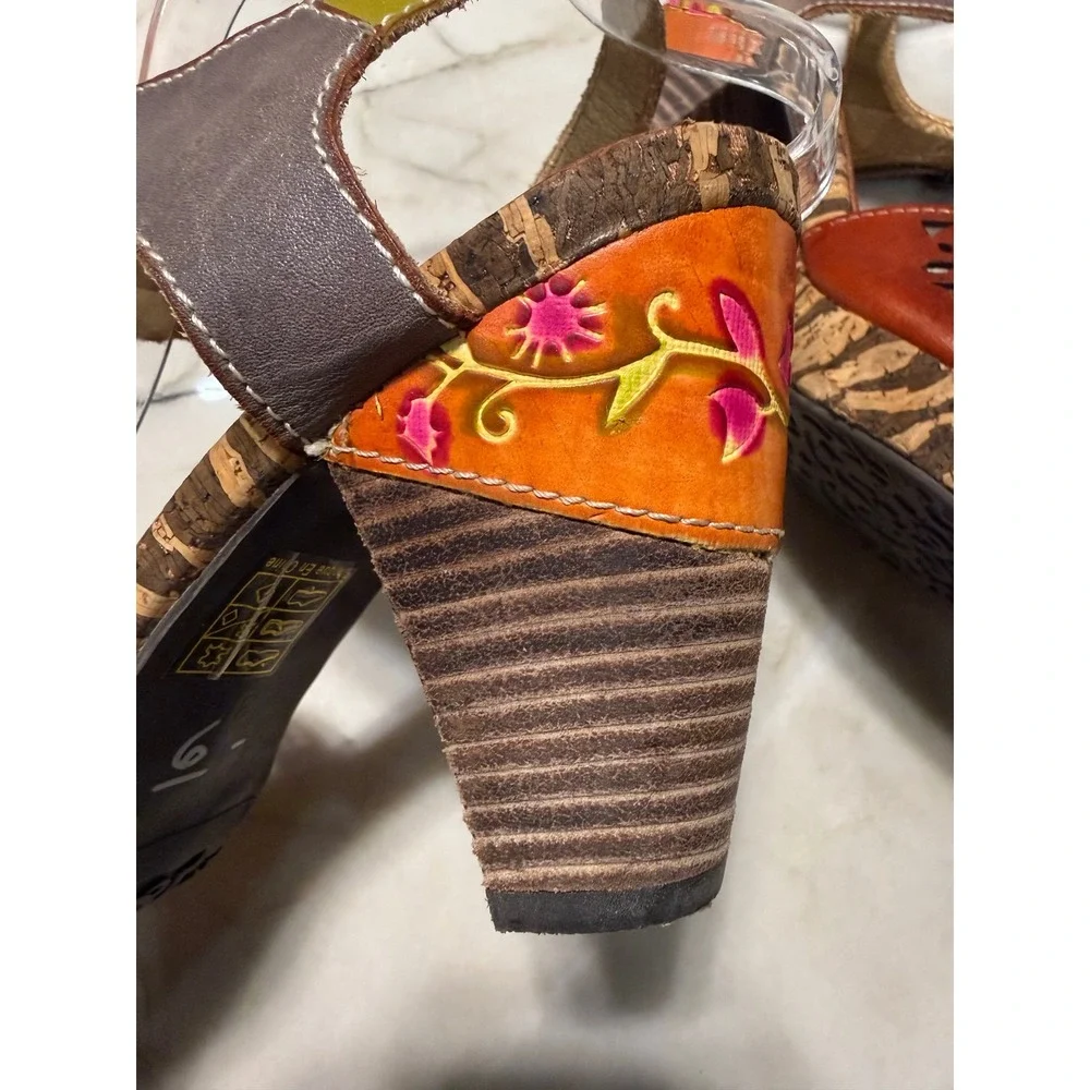 L'Artiste Spring Step Sharyn Leather Sandals Floral Hand Painted Boho Heel 39